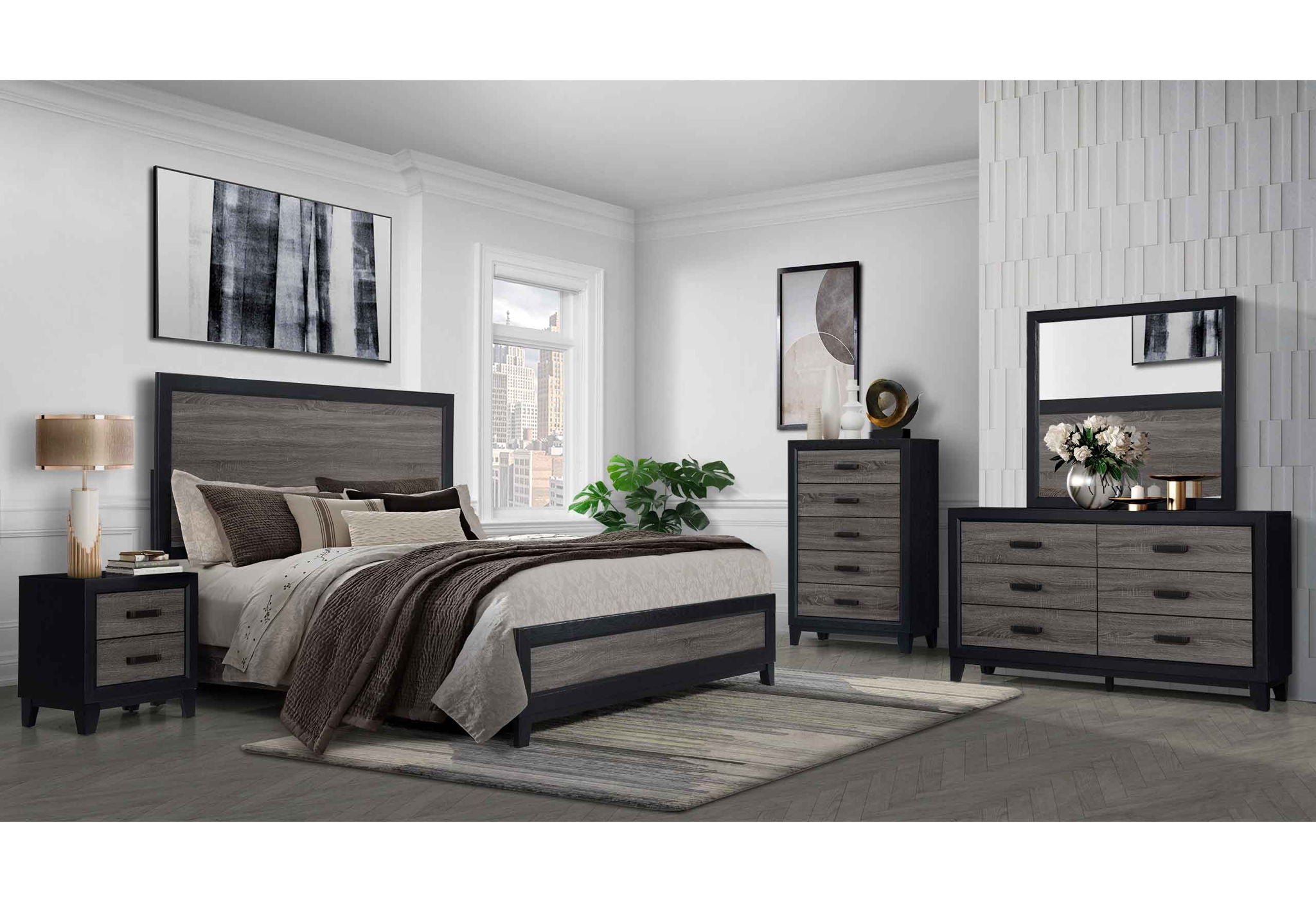 Lisbon - 4 Piece King Bedroom Set (Bed, Dresser, Mirror, Nightstand) - Black / Gray