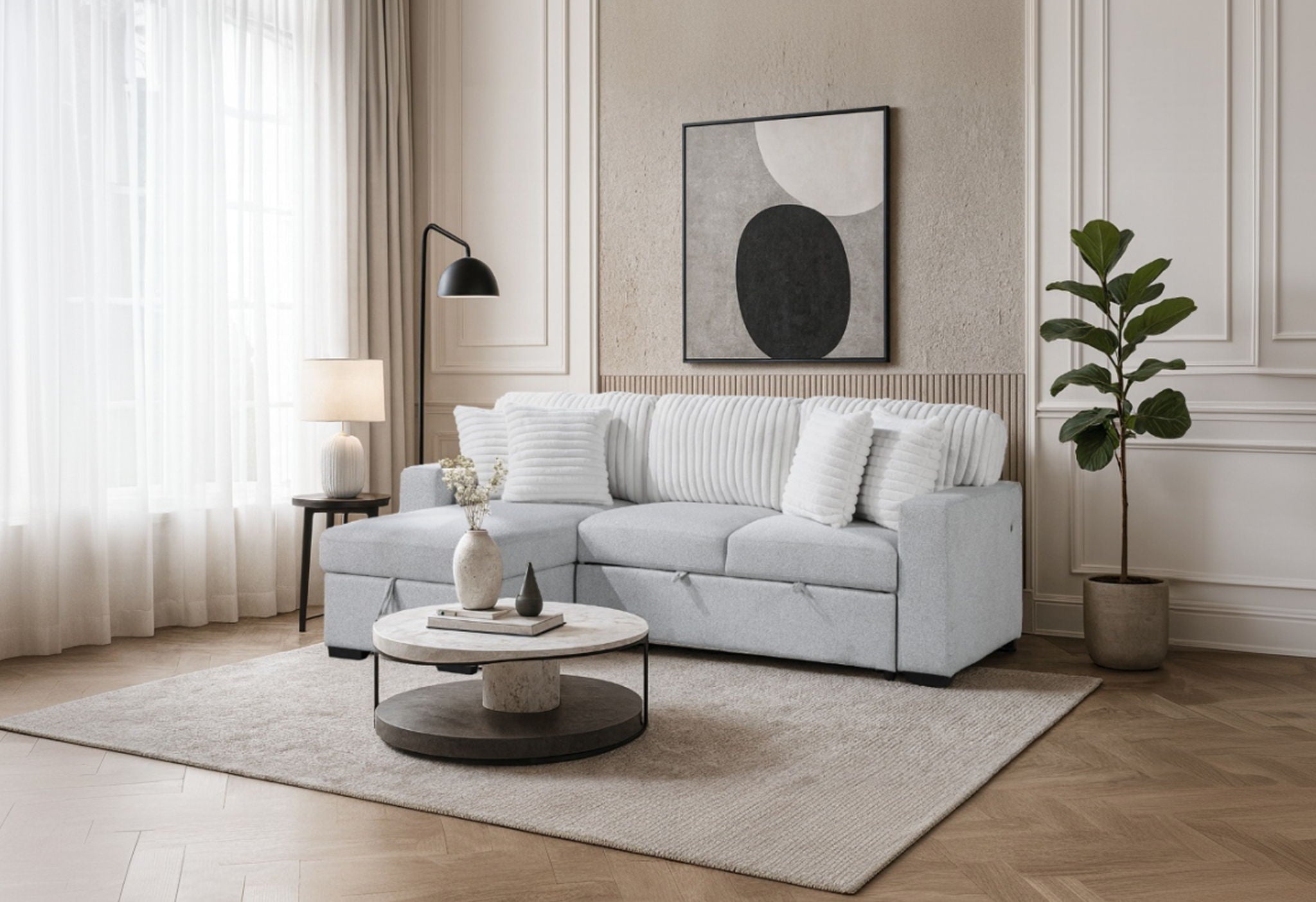 U0204 - Reversible Pull Out Sofa Bed - Light Gray / White