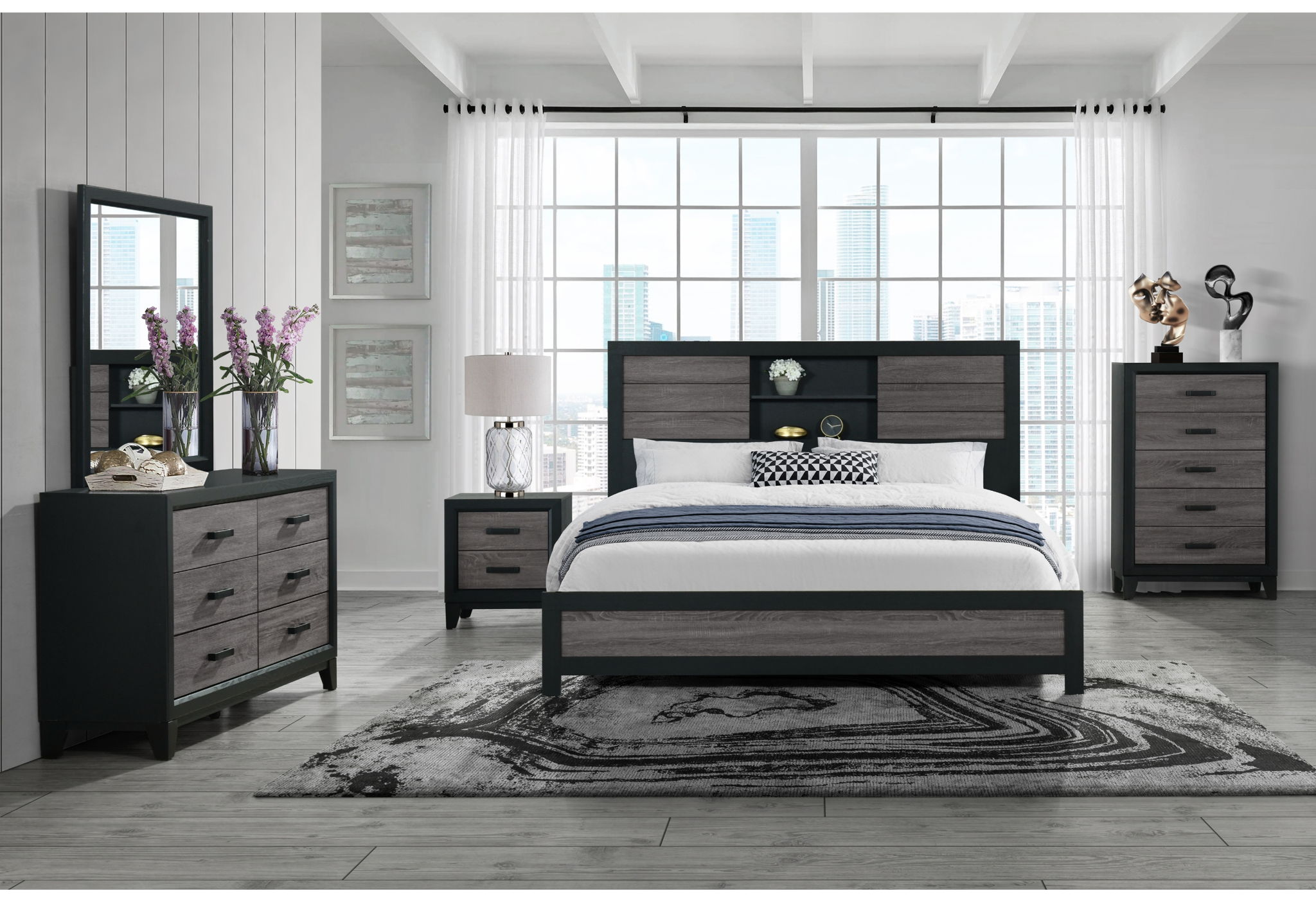 Lisbon - 5 Piece Full Bedroom Set (Bookcase Full Bed) - Black / Gray