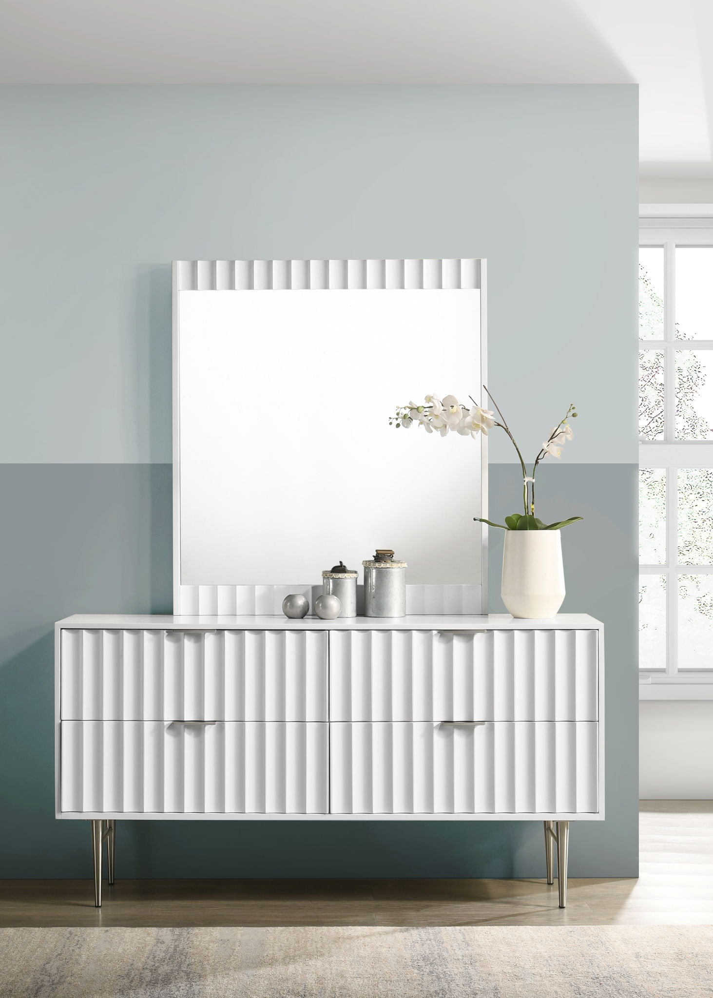 Modernist - Mirror With Stainless Steel Base - White