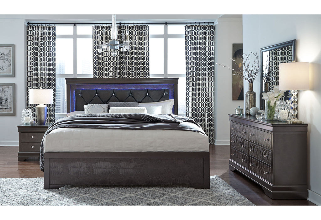 Pompei - 5 Piece Queen Bedroom Set (Bed With LED, Dresser, Mirror, 2 Nightstands) - Gray